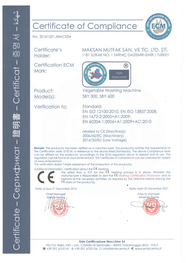 CE Certificate of Compliance (Continuous Vegetable Washers)