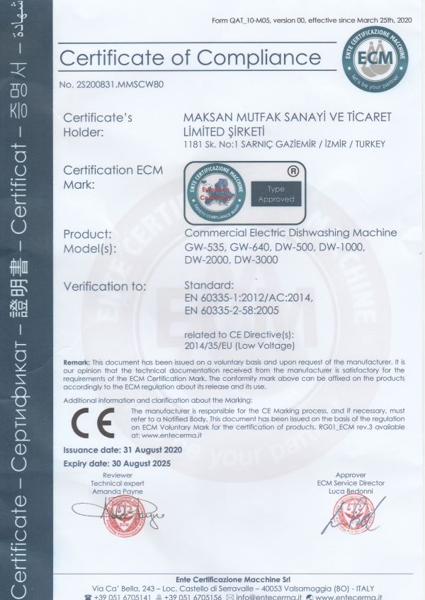 CE Uygunluk Sertifikası (Bulaşık Makineleri)