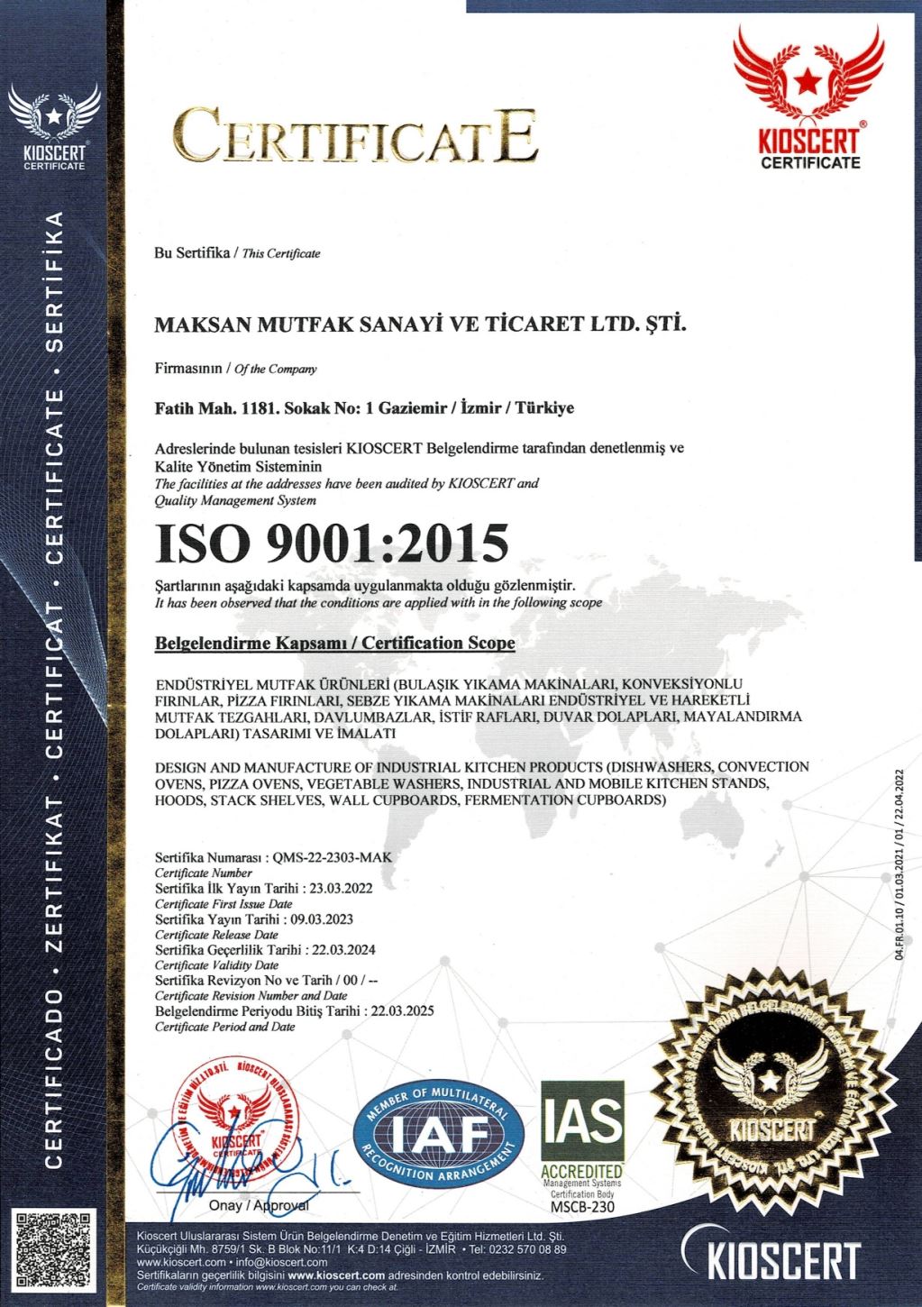 ISO 9001:2015 Kalite Yönetim Sistemi Sertifikası